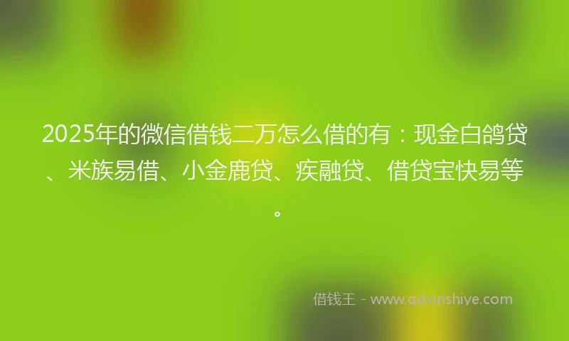 2025年的微信借钱二万怎么借的有：现金白鸽贷、米族易借、小金鹿贷、疾融贷、借贷宝快易等。