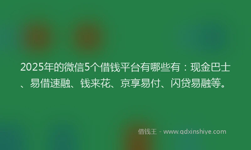 2025年的微信5个借钱平台有哪些有：现金巴士、易借速融、钱来花、京享易付、闪贷易融等。