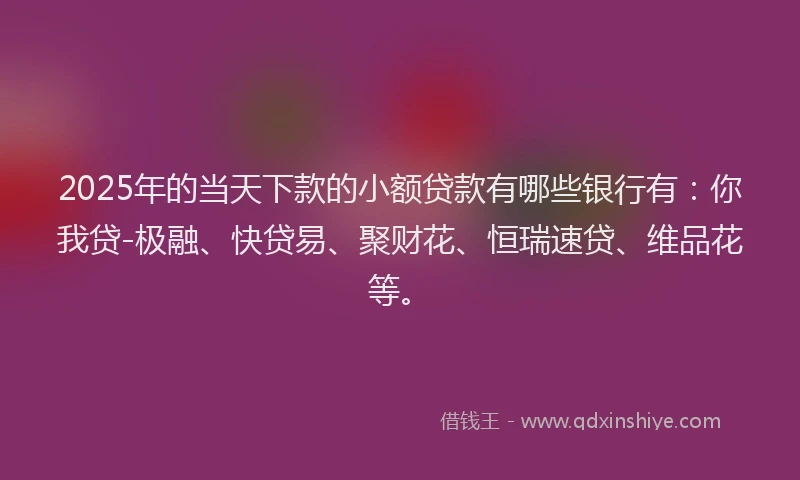 2025年的当天下款的小额贷款有哪些银行有：你我贷-极融、快贷易、聚财花、恒瑞速贷、维品花等。