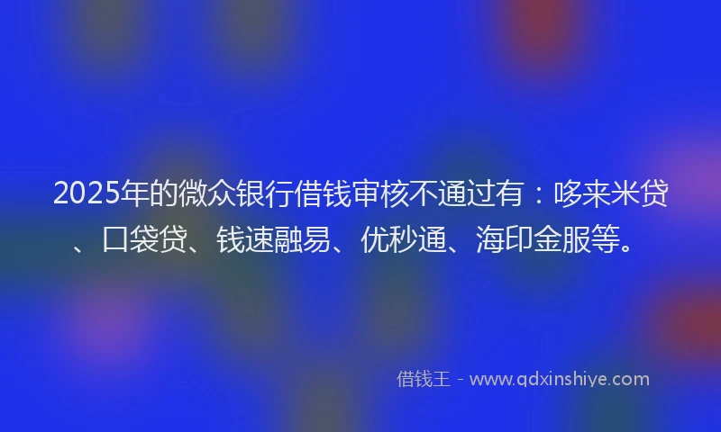 2025年的微众银行借钱审核不通过有：哆来米贷、口袋贷、钱速融易、优秒通、海印金服等。
