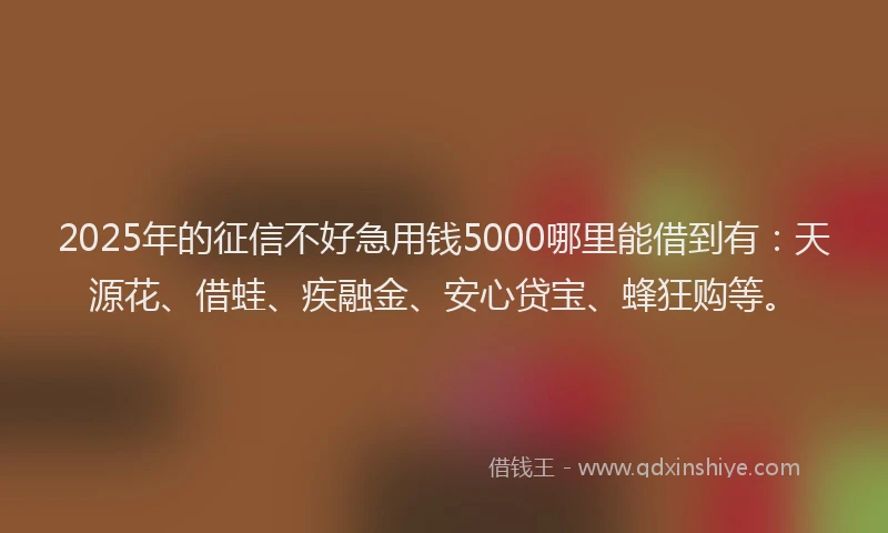 2025年的征信不好急用钱5000哪里能借到有：天源花、借蛙、疾融金、安心贷宝、蜂狂购等。