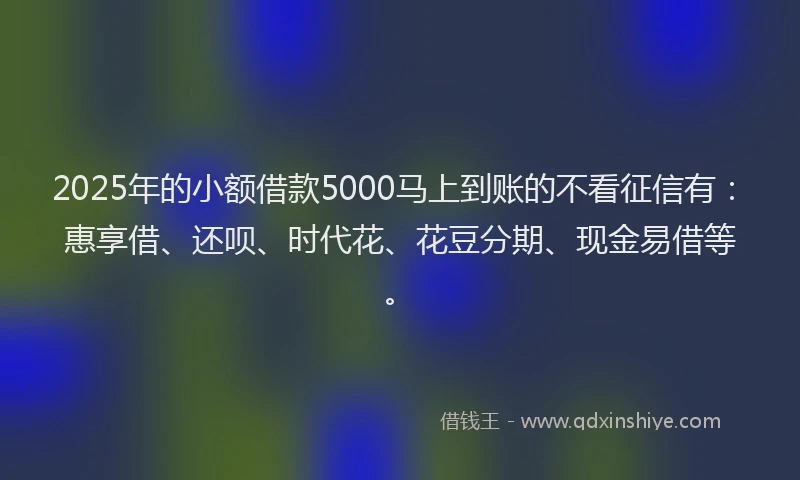 2025年的小额借款5000马上到账的不看征信有：惠享借、还呗、时代花、花豆分期、现金易借等。