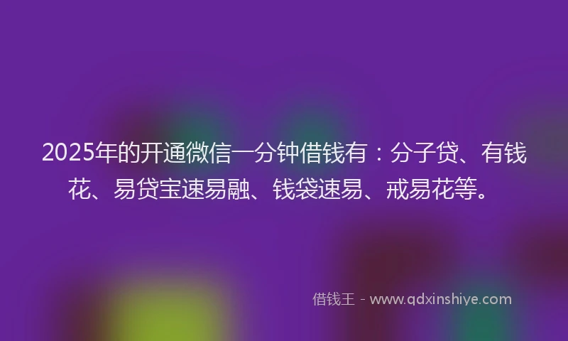 2025年的开通微信一分钟借钱有：分子贷、有钱花、易贷宝速易融、钱袋速易、戒易花等。