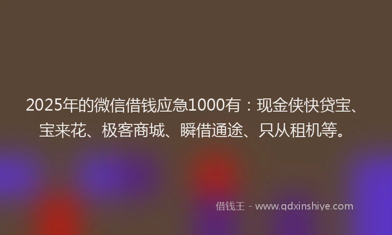 2025年的微信借钱应急1000有：现金侠快贷宝、宝来花、极客商城、瞬借通途、只从租机等。