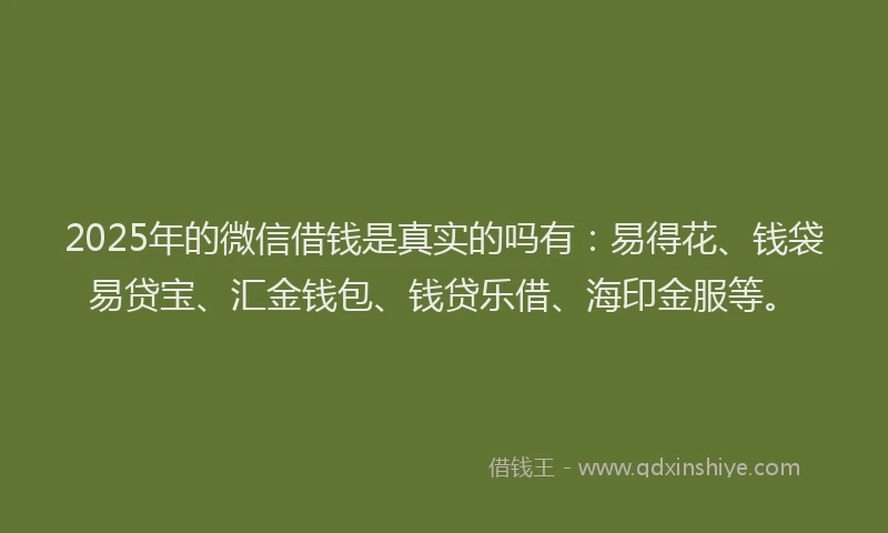 2025年的微信借钱是真实的吗有：易得花、钱袋易贷宝、汇金钱包、钱贷乐借、海印金服等。