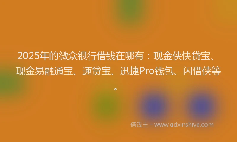 2025年的微众银行借钱在哪有：现金侠快贷宝、现金易融通宝、速贷宝、迅捷Pro钱包、闪借侠等。
