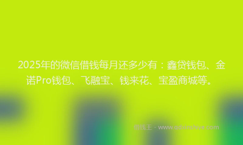 2025年的微信借钱每月还多少有：鑫贷钱包、金诺Pro钱包、飞融宝、钱来花、宝盈商城等。
