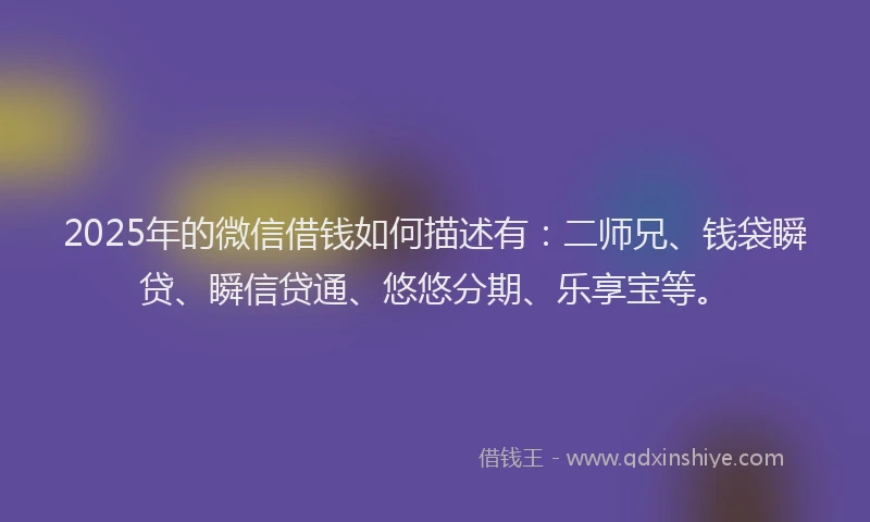 2025年的微信借钱如何描述有：二师兄、钱袋瞬贷、瞬信贷通、悠悠分期、乐享宝等。