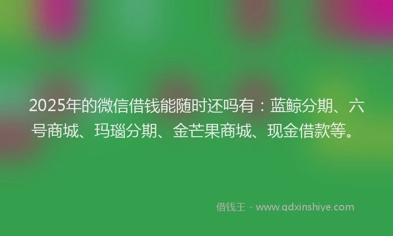 2025年的微信借钱能随时还吗有：蓝鲸分期、六号商城、玛瑙分期、金芒果商城、现金借款等。