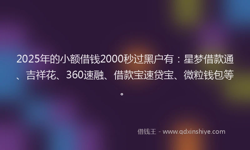 2025年的小额借钱2000秒过黑户有：星梦借款通、吉祥花、360速融、借款宝速贷宝、微粒钱包等。