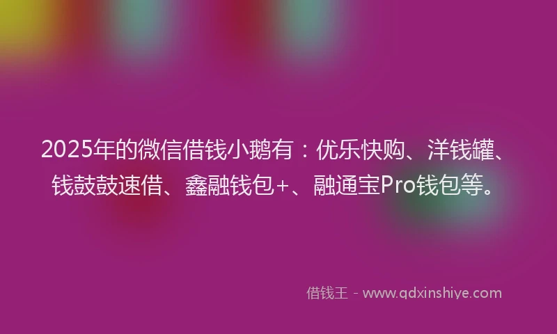 2025年的微信借钱小鹅有：优乐快购、洋钱罐、钱鼓鼓速借、鑫融钱包+、融通宝Pro钱包等。