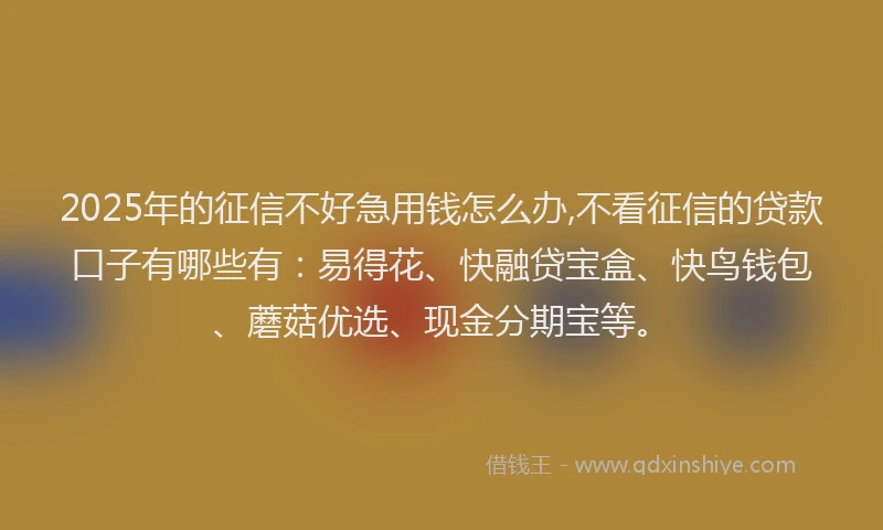 2025年的征信不好急用钱怎么办,不看征信的贷款口子有哪些有：易得花、快融贷宝盒、快鸟钱包、蘑菇优选、现金分期宝等。