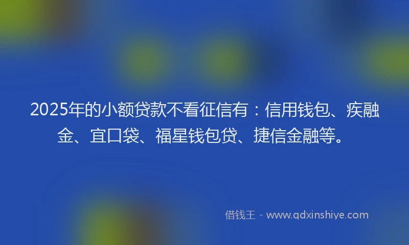 2025年的小额贷款不看征信有：信用钱包、疾融金、宜口袋、福星钱包贷、捷信金融等。