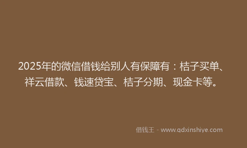 2025年的微信借钱给别人有保障有：桔子买单、祥云借款、钱速贷宝、桔子分期、现金卡等。