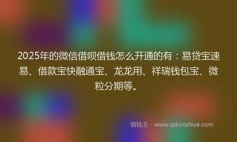 2025年的微信借呗借钱怎么开通的有：易贷宝速易、借款宝快融通宝、龙龙用、祥瑞钱包宝、微粒分期等。
