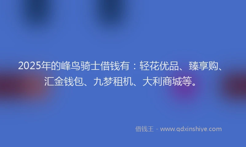 2025年的峰鸟骑士借钱有：轻花优品、臻享购、汇金钱包、九梦租机、大利商城等。
