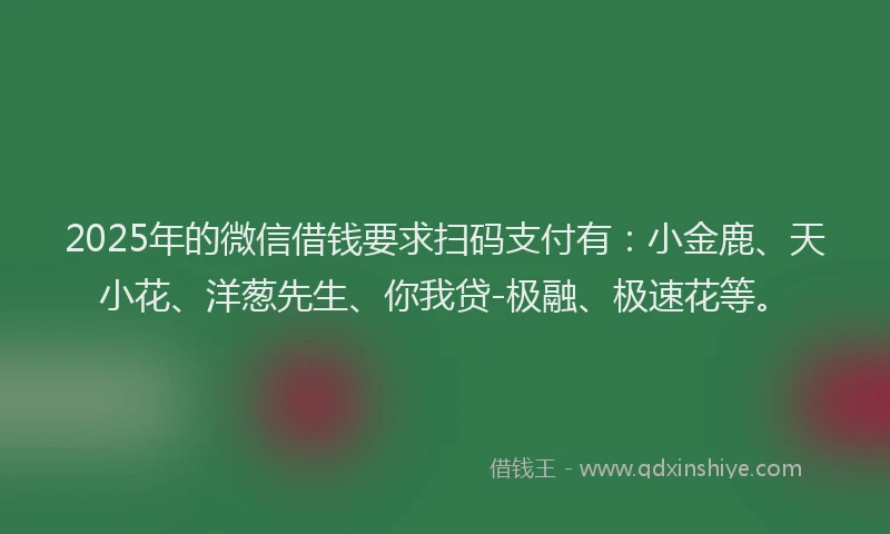 2025年的微信借钱要求扫码支付有：小金鹿、天小花、洋葱先生、你我贷-极融、极速花等。