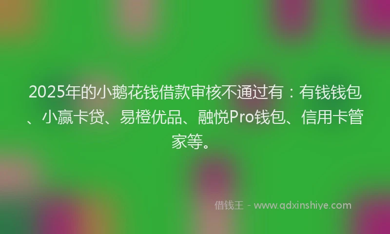 2025年的小鹅花钱借款审核不通过有：有钱钱包、小赢卡贷、易橙优品、融悦Pro钱包、信用卡管家等。