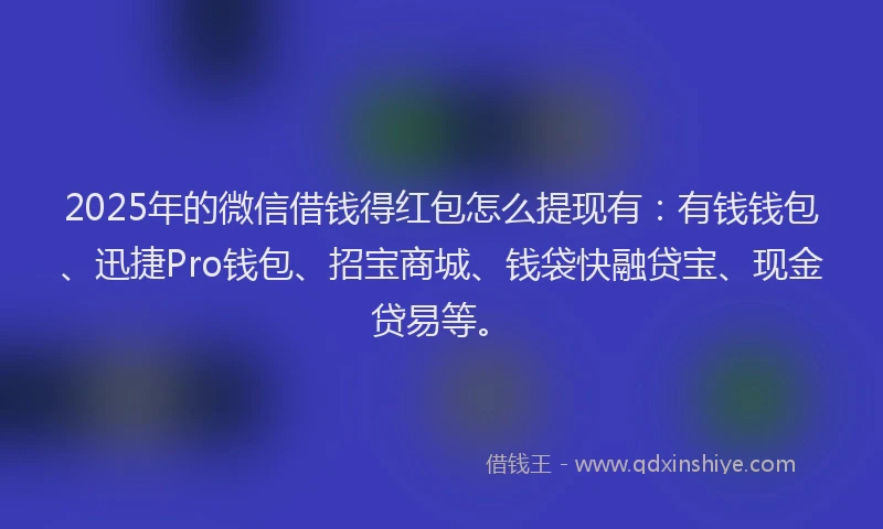 2025年的微信借钱得红包怎么提现有：有钱钱包、迅捷Pro钱包、招宝商城、钱袋快融贷宝、现金贷易等。