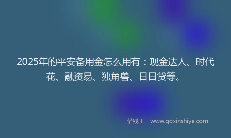 2025年的平安备用金怎么用有：现金达人、时代花、融资易、独角兽、日日贷等。