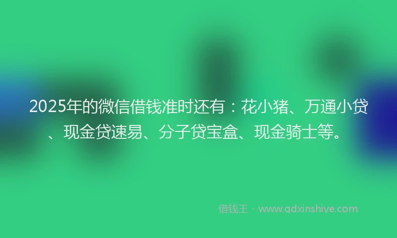2025年的微信借钱准时还有：花小猪、万通小贷、现金贷速易、分子贷宝盒、现金骑士等。