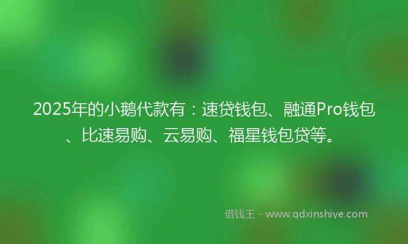 2025年的小鹅代款有：速贷钱包、融通Pro钱包、比速易购、云易购、福星钱包贷等。