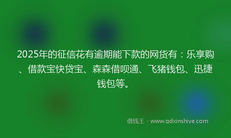 2025年的征信花有逾期能下款的网货有：乐享购、借款宝快贷宝、森森借呗通、飞猪钱包、迅捷钱包等。