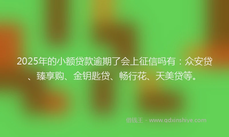 2025年的小额贷款逾期了会上征信吗有：众安贷、臻享购、金钥匙贷、畅行花、天美贷等。