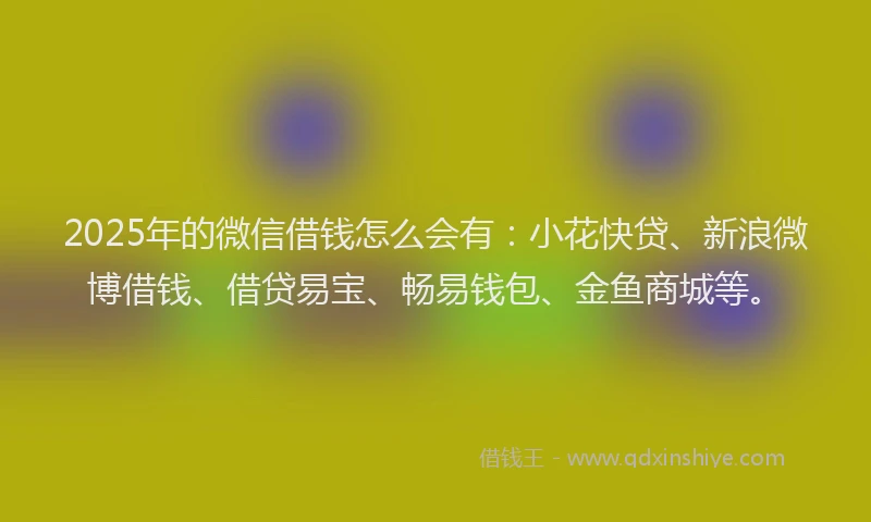2025年的微信借钱怎么会有：小花快贷、新浪微博借钱、借贷易宝、畅易钱包、金鱼商城等。