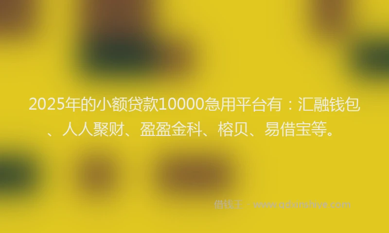 2025年的小额贷款10000急用平台有：汇融钱包、人人聚财、盈盈金科、榕贝、易借宝等。