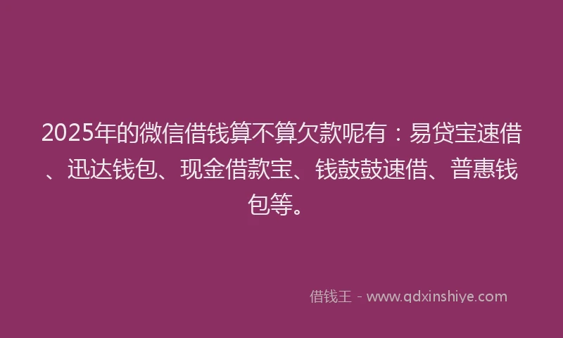 2025年的微信借钱算不算欠款呢有：易贷宝速借、迅达钱包、现金借款宝、钱鼓鼓速借、普惠钱包等。