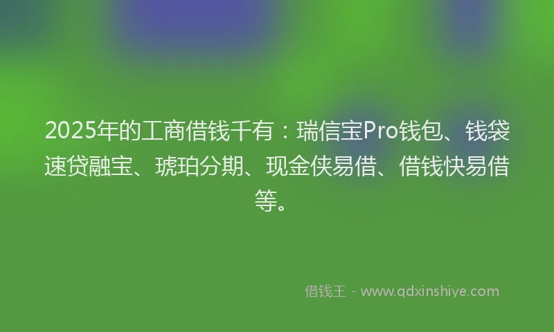 2025年的工商借钱千有：瑞信宝Pro钱包、钱袋速贷融宝、琥珀分期、现金侠易借、借钱快易借等。