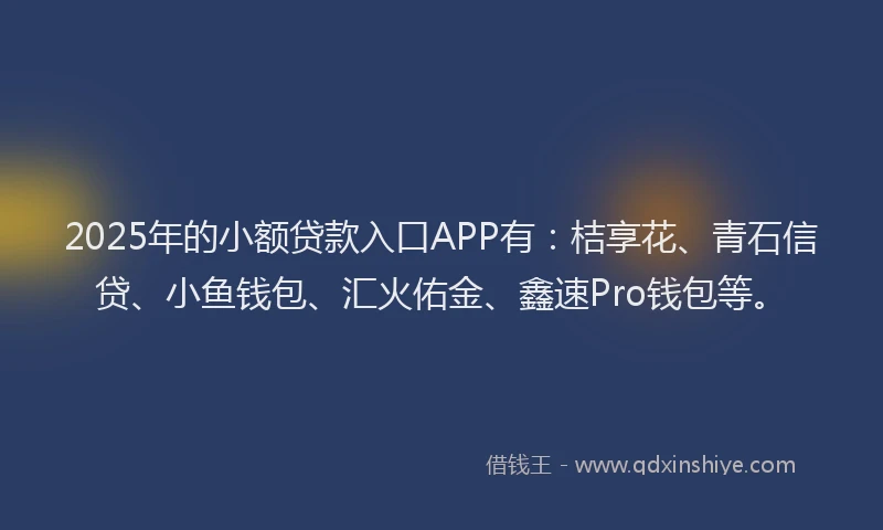 2025年的小额贷款入口APP有：桔享花、青石信贷、小鱼钱包、汇火佑金、鑫速Pro钱包等。