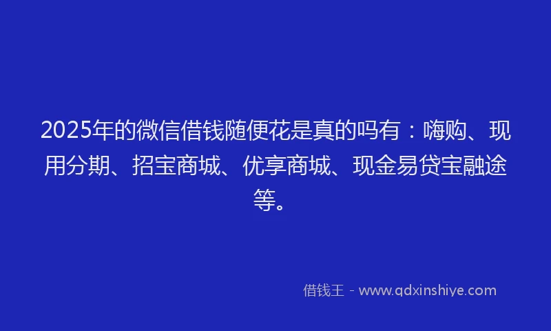 2025年的微信借钱随便花是真的吗有：嗨购、现用分期、招宝商城、优享商城、现金易贷宝融途等。