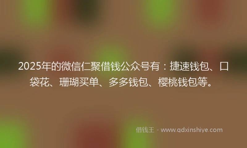 2025年的微信仁聚借钱公众号有：捷速钱包、口袋花、珊瑚买单、多多钱包、樱桃钱包等。