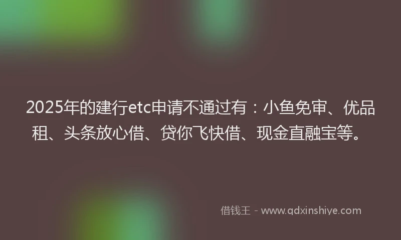 2025年的建行etc申请不通过有：小鱼免审、优品租、头条放心借、贷你飞快借、现金直融宝等。
