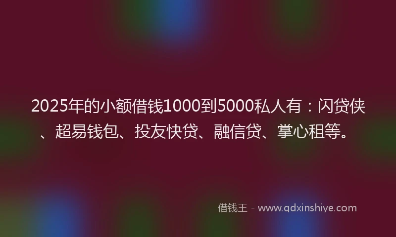 2025年的小额借钱1000到5000私人有：闪贷侠、超易钱包、投友快贷、融信贷、掌心租等。