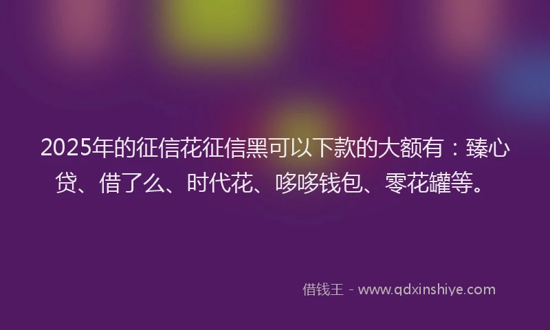 2025年的征信花征信黑可以下款的大额有：臻心贷、借了么、时代花、哆哆钱包、零花罐等。