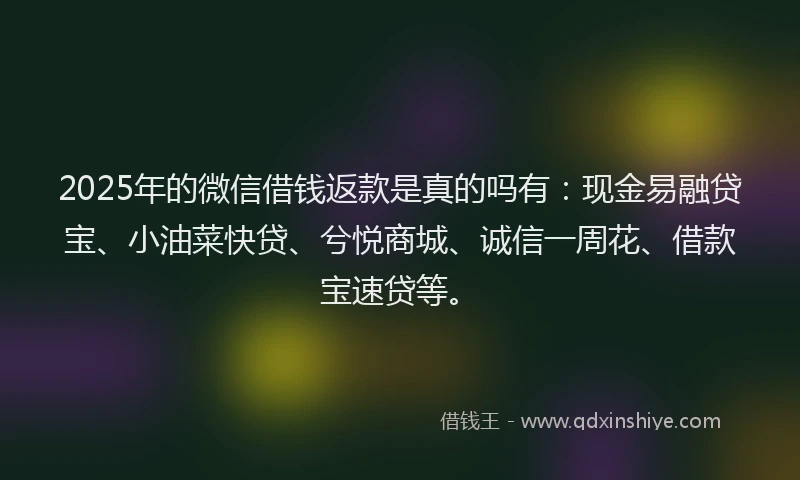 2025年的微信借钱返款是真的吗有：现金易融贷宝、小油菜快贷、兮悦商城、诚信一周花、借款宝速贷等。