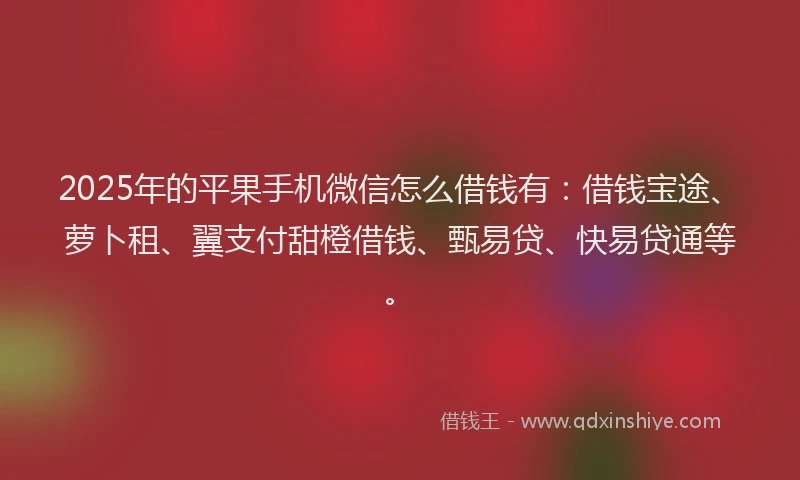 2025年的平果手机微信怎么借钱有：借钱宝途、萝卜租、翼支付甜橙借钱、甄易贷、快易贷通等。