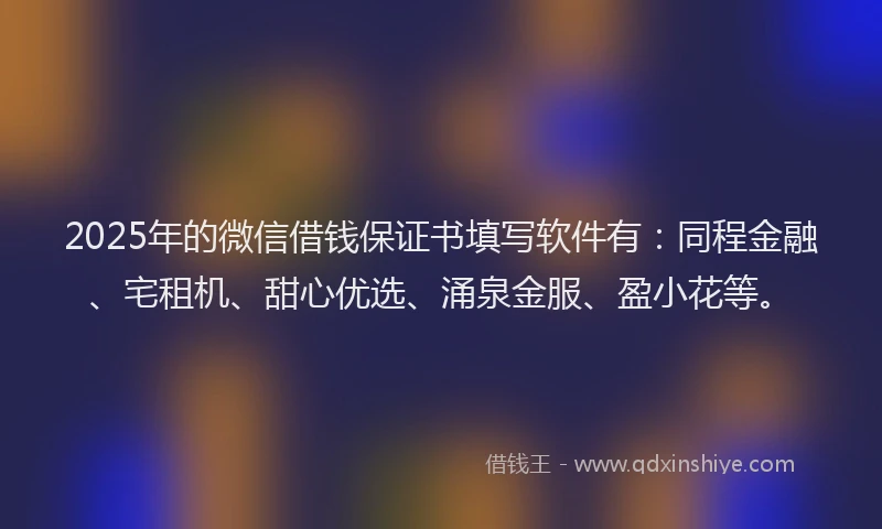 2025年的微信借钱保证书填写软件有：同程金融、宅租机、甜心优选、涌泉金服、盈小花等。