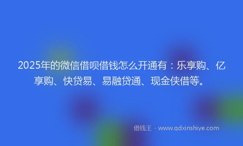 2025年的微信借呗借钱怎么开通有：乐享购、亿享购、快贷易、易融贷通、现金侠借等。