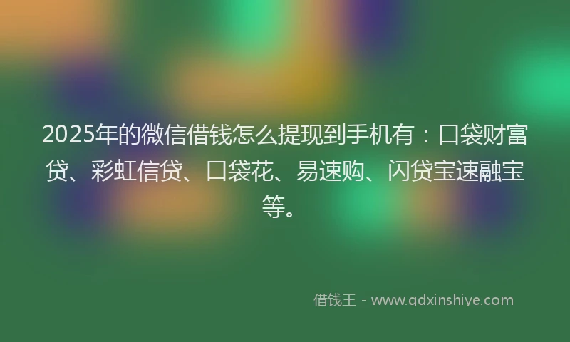 2025年的微信借钱怎么提现到手机有：口袋财富贷、彩虹信贷、口袋花、易速购、闪贷宝速融宝等。