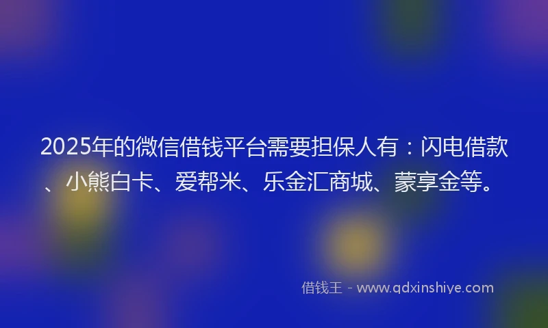 2025年的微信借钱平台需要担保人有：闪电借款、小熊白卡、爱帮米、乐金汇商城、蒙享金等。