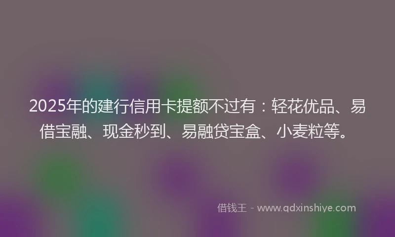2025年的建行信用卡提额不过有：轻花优品、易借宝融、现金秒到、易融贷宝盒、小麦粒等。