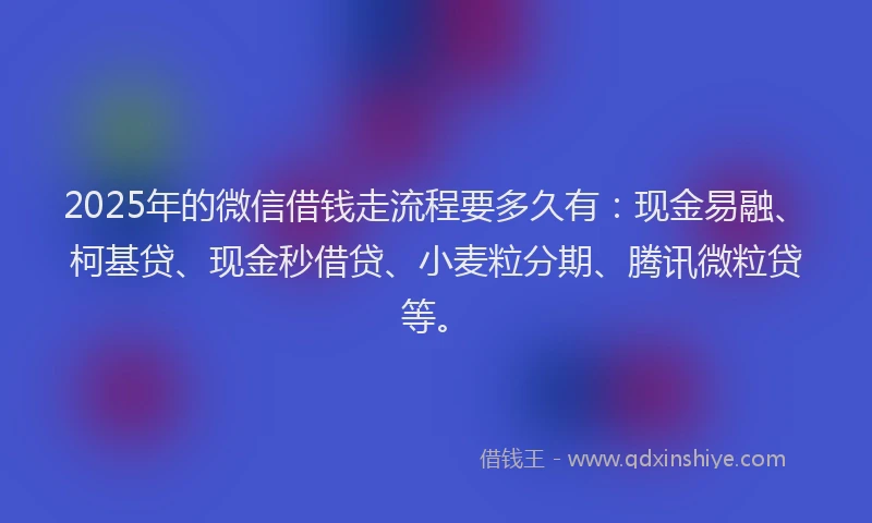 2025年的微信借钱走流程要多久有：现金易融、柯基贷、现金秒借贷、小麦粒分期、腾讯微粒贷等。