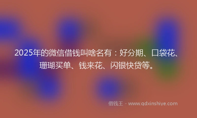 2025年的微信借钱叫啥名有：好分期、口袋花、珊瑚买单、钱来花、闪银快贷等。