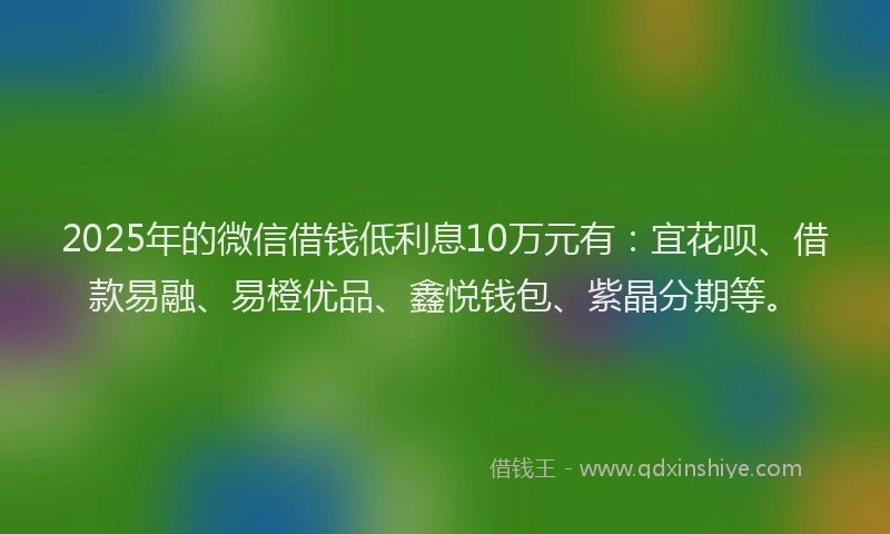 2025年的微信借钱低利息10万元有：宜花呗、借款易融、易橙优品、鑫悦钱包、紫晶分期等。