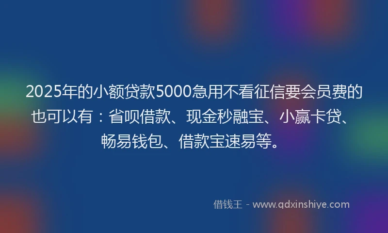 2025年的小额贷款5000急用不看征信要会员费的也可以有：省呗借款、现金秒融宝、小赢卡贷、畅易钱包、借款宝速易等。