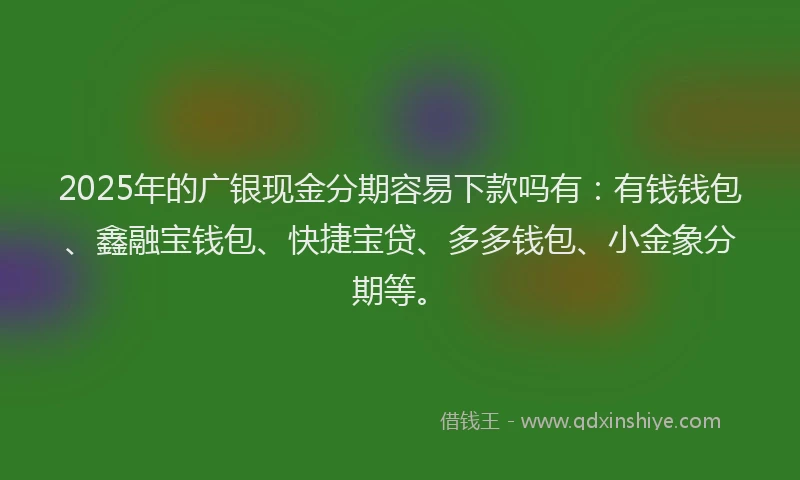 2025年的广银现金分期容易下款吗有：有钱钱包、鑫融宝钱包、快捷宝贷、多多钱包、小金象分期等。